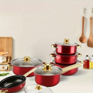 12-piece 12-Piece Red Stainless Steel Cookware Set: Non-Stick Fry Pan, Saucepan, Stew Pot for All Stovetops