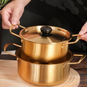 Internet Celebrity Korean Style Golden Cooking Pot With Lid, Double Ear Soup Pot, Stainless Steel Ramen Noodle Pot With Golden Color, Thickened Hot Pot Gold