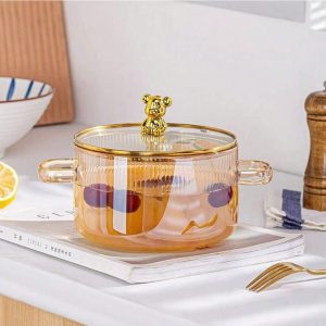 MYVIT Double Ear Glass Pot Vertical Stripes Cooking Pot Home Kitchen Stew Pot Bear Lid Soup Pot Gold