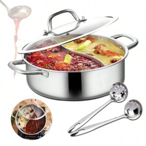 CNCEST Hot Pot Shabu Pot With Double Sided Divider, Stainless Steel Stockpot Soup Cookware With Spoon Kitchen Cooking Tool (32CM) Stainless Steel Shabu Dual Sided Divider Cooking Soup Hot Pot Cookware With Lid Silver