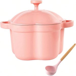 Nonstick Saucepan, Pink Flower 9.5" Stock Pot With Lid, Soup Pot Home Cooking Stewed Pot, Hot Pot Stewed Pot Cooker Set, Cooking Pot With Silicone Spoon For Milk, Soup, Pasta Pink