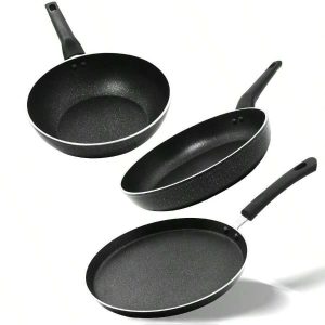 Vivicreate 3 Types Of Frying Pan Non-Smoking Frying Pan, Practical Non-Stick FryingPan For Frying Eggs And Steaks 3 (26-28 Cm Frying Pan, 26-28 Cm Pizza Pan, 24-26-28Cm Deep Frying Pan) Black