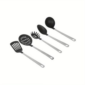 Stainless Steel and Nylon Cooking Tool Set, Spoon, Spatula, Ladle, Pasta Spoon and Skimmer Assorted Colors