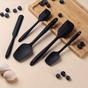 Silicone Spatula Set, 5 Piece Food Grade Rubber Spatulas for Baking, Cooking, and Mixing High Heat Resistant Non Stick Dishwasher Safe BPA-Free (Black)