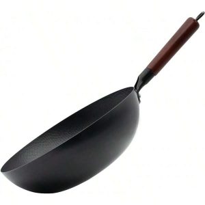 Steel Wok Pan, Stir Fry Wok, Carbon Steel Wok, Skillet, No Chemical Coating, Flat Bottom Wok Pan For All Stoves Black