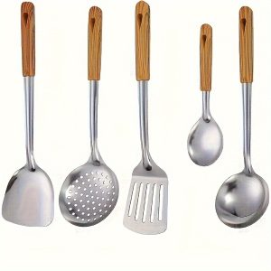 1pc Durable Stainless Steel Kitchen Utensil with Wood Grain Handle - Perfect for Cooking, Baking & Serving - Ideal for Halloween, Christmas & Easter