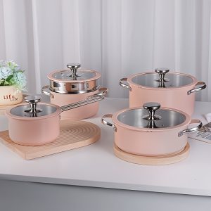 Purecook 9pcs, Stainless Steel Cookware Set, Ceramic-Coated, Durable Glass Lids With Silicone Trim, Versatile For Induction & Gas Cooktops, Includes 1Sauce Pan, 2 Soup Pot, 1Rondeau, 4Lids & n 1Steamer, Dishwasher Oven Safe, Pink